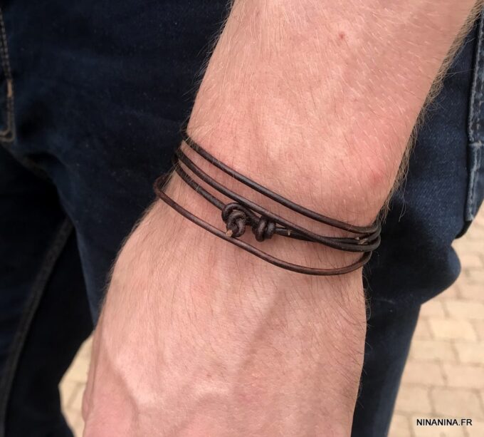 N2683z Bracelet plusieurs tours cordon cuir naturel réglable - Bijoux Bracelets en ligne Ninanina