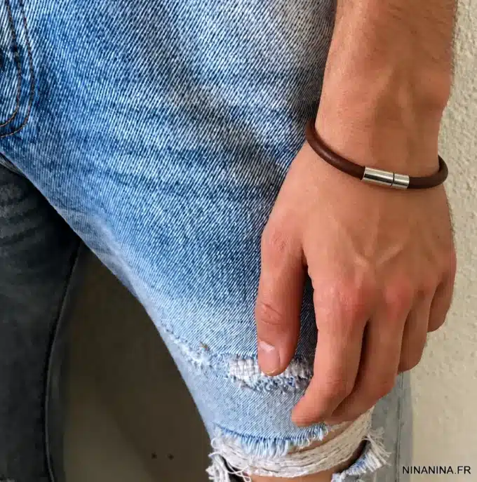 N2688 Bracelet homme cuir artisanal fermoir acier inoxydable - Bijoux bracelets hommes en ligne Ninanina