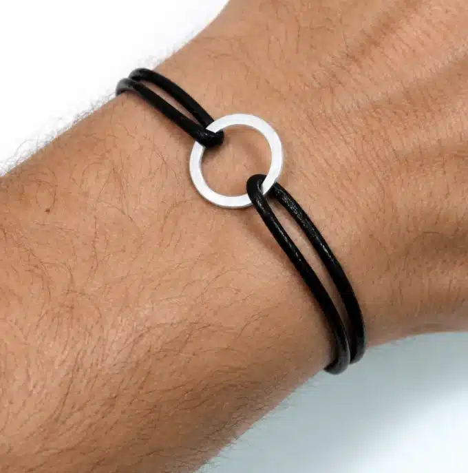 N2693 Bracelet cuir anneau fin Argent 925 cordon ajustable - Bijoux bracelets hommes en ligne Ninanina