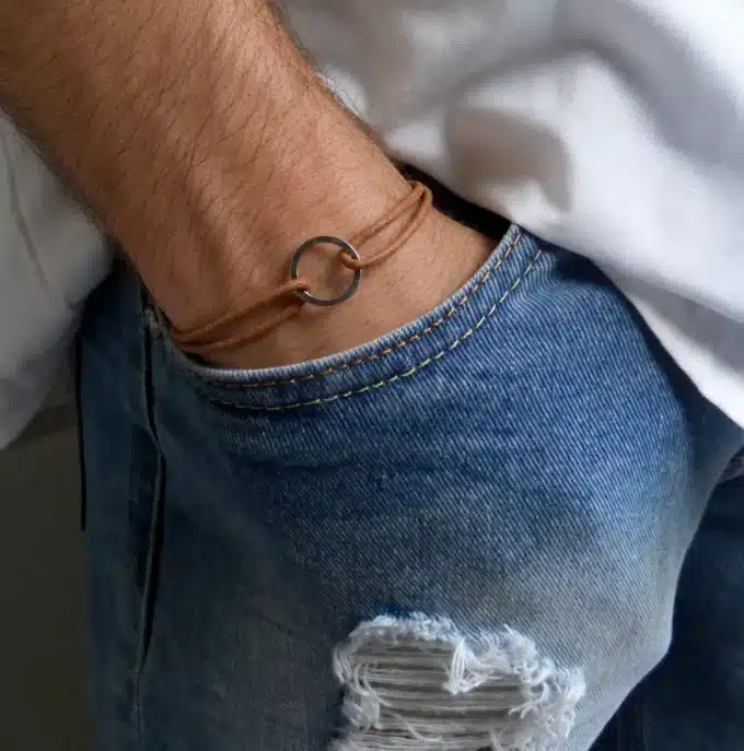 N2693a Bracelet cuir anneau fin Argent 925 cordon ajustable - Bijoux bracelets hommes en ligne Ninanina