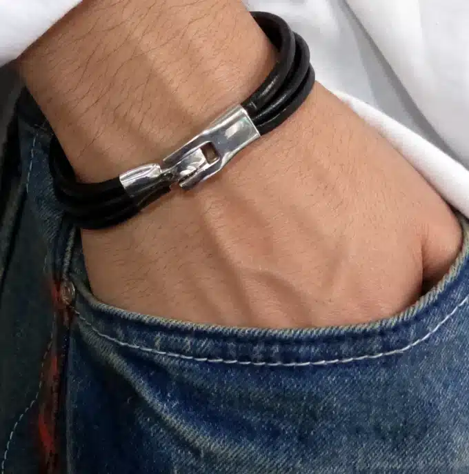 N2704 Bracelet homme cuir multiliens métal argenté - Bijoux bracelets hommes en ligne Ninanina