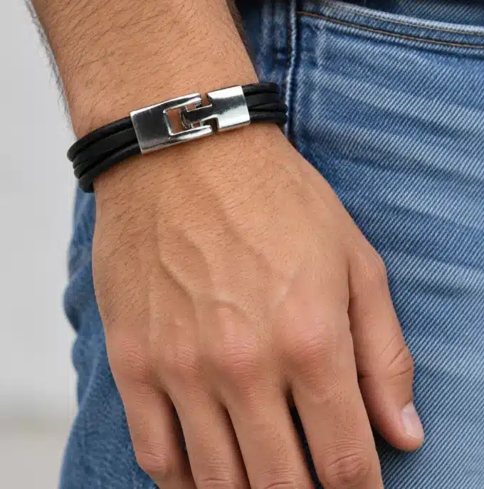 N2704a Bracelet homme cuir multiliens métal argenté - Bijoux bracelets hommes en ligne Ninanina