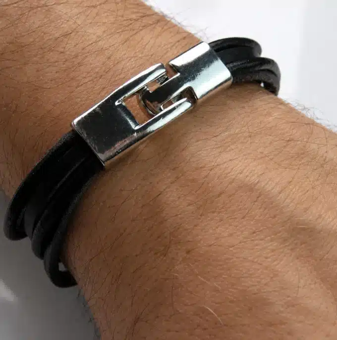 N2704b Bracelet homme cuir multiliens métal argenté - Bijoux bracelets hommes en ligne Ninanina