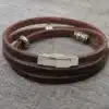 N2708e Bracelet homme cuir 3 tours artisanal breloques argentées - Bijoux bracelets hommes en ligne Ninanina