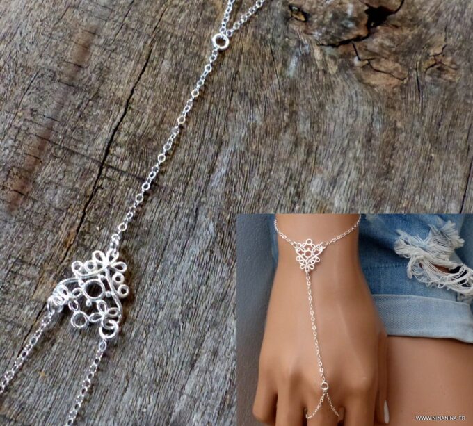 N2709c Bracelet bague chaine de main argent 925 massif - Bijoux Chaines en ligne Ninanina