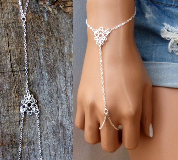 N2709e Bracelet bague chaine de main argent 925 massif - Bijoux Chaines en ligne Ninanina Bracelet bague chaîne de main pour femme en argent 925 massif - Bijou artisanal fait main signé Ninanina