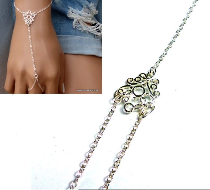 N2709TERa chaine de main chaine argent massif Zoom sur le bracelet bague avec chaîne de main en argent sterling 925 - Bijou élégant et artisanal