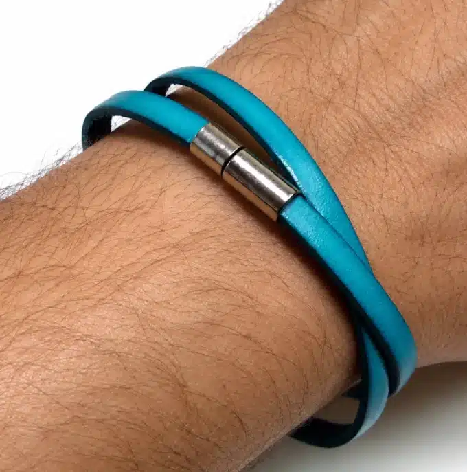 N2710 Bracelet cuir turquoise mixte et Acier inoxydable argent - Bijoux bracelets hommes en ligne Ninanina