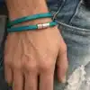 N2710A Bracelet cuir turquoise mixte et Acier inoxydable argent - Bijoux bracelets hommes en ligne Ninanina