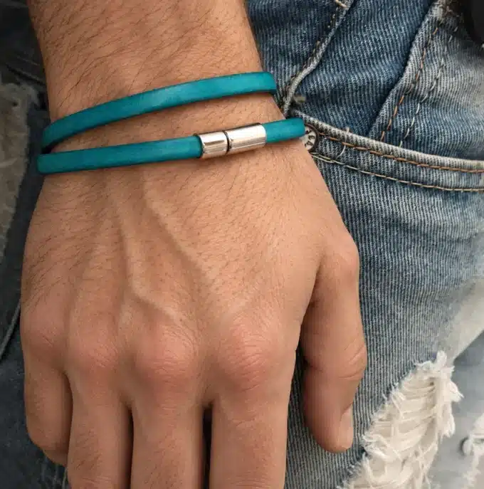 N2710A Bracelet cuir turquoise mixte et Acier inoxydable argent - Bijoux bracelets hommes en ligne Ninanina