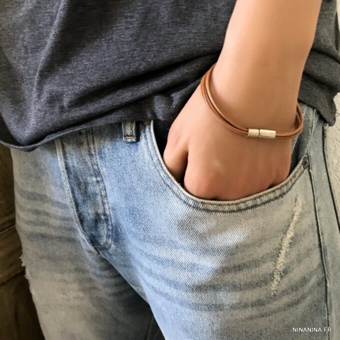 N2713a Bracelet cuir et acier homme ou femme 4 rangs - Bijoux Bracelets en ligne Ninanina