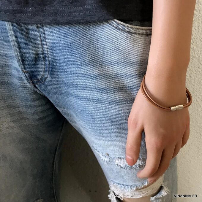 N2713c Bracelet cuir et acier homme ou femme 4 rangs - Bijoux Bracelets en ligne Ninanina