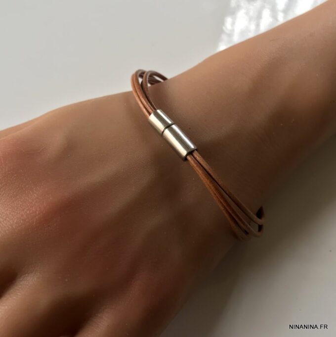 N2713e Bracelet cuir et acier homme ou femme 4 rangs - Bijoux Bracelets en ligne Ninanina