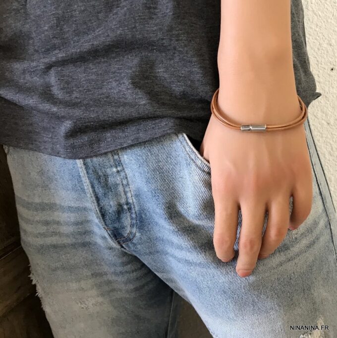 N2713f Bracelet cuir et acier homme ou femme 4 rangs - Bijoux Bracelets en ligne Ninanina