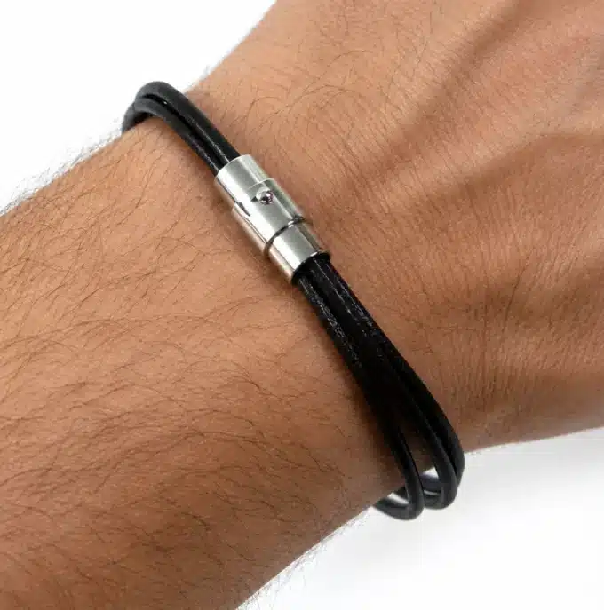 N2715 Bracelet cordon cuir 3 rangs fermoir acier inoxydable argent - Bijoux bracelets hommes en ligne Ninanina