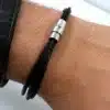 N2715a Bracelet cordon cuir 3 rangs fermoir acier inoxydable argent - Bijoux bracelets hommes en ligne Ninanina