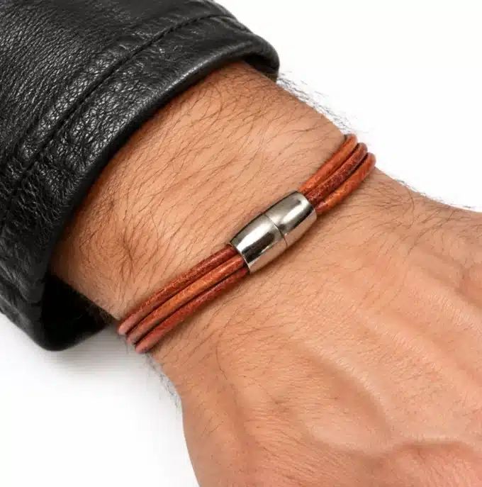 N2718 Bracelet multi liens cordon cuir naturel Acier inoxydable aimanté - Bijoux bracelets hommes en ligne Ninanina