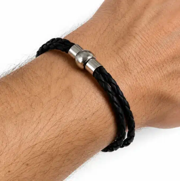N2733 Bracelet double rang cuir tressé fermoir boule acier aimanté - Bijoux bracelets hommes en ligne Ninanina