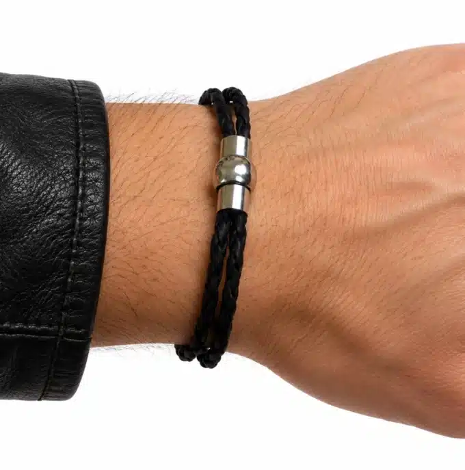 N2733a Bracelet double rang cuir tressé fermoir boule acier aimanté - Bijoux bracelets hommes en ligne Ninanina