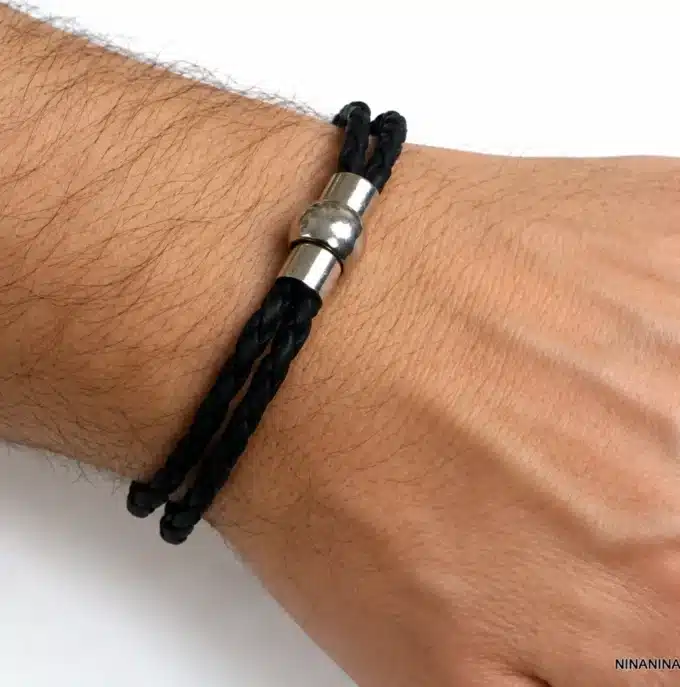 N2733b Bracelet double rang cuir tressé fermoir boule acier aimanté - Bijoux bracelets hommes en ligne Ninanina