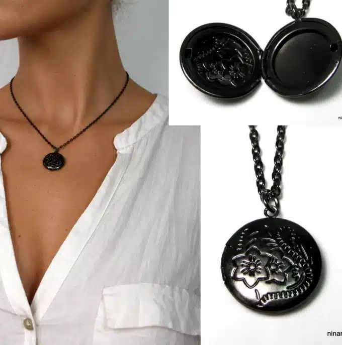 N2743 Collier long femme pendentif rond porte photo métal noir - Bijoux colliers femmes en ligne Ninanina