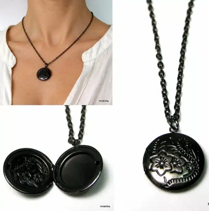N2743b Collier long femme pendentif rond porte photo métal noir - Bijoux colliers femmes en ligne Ninanina