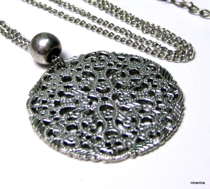 N274terb collier long rosace métal argent