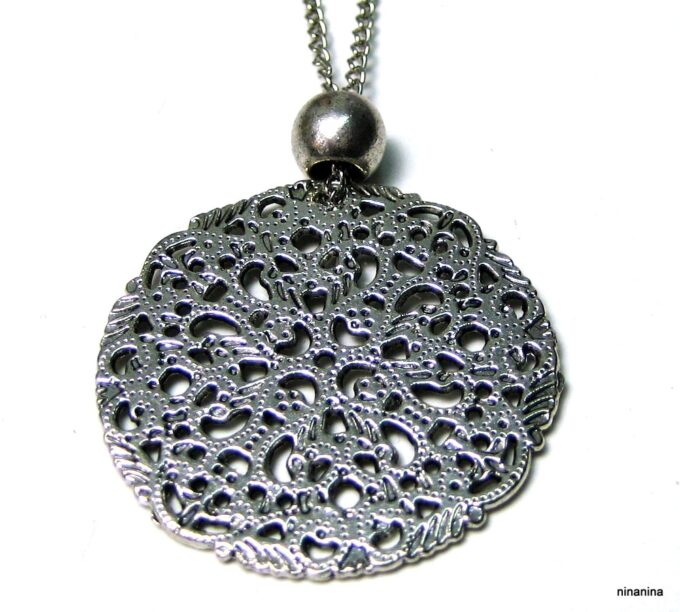 N274terd collier long rosace métal argent