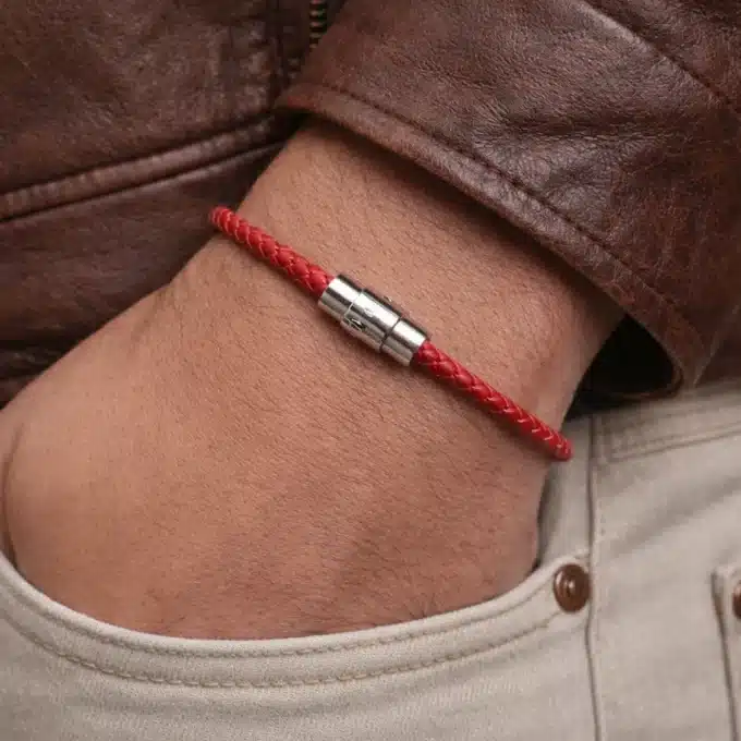 N2755e Bracelet Rouge Homme Cuir Tressé Artisanal - Fermoir Aimanté Acier inoxydable - Bijoux bracelets hommes en ligne Ninanina