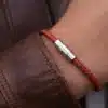 N2755f Bracelet Rouge Homme Cuir Tressé Artisanal - Fermoir Aimanté Acier inoxydable - Bijoux bracelets hommes en ligne Ninanina