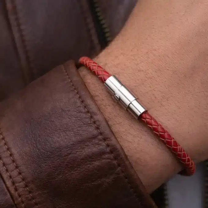 N2755f Bracelet Rouge Homme Cuir Tressé Artisanal - Fermoir Aimanté Acier inoxydable - Bijoux bracelets hommes en ligne Ninanina