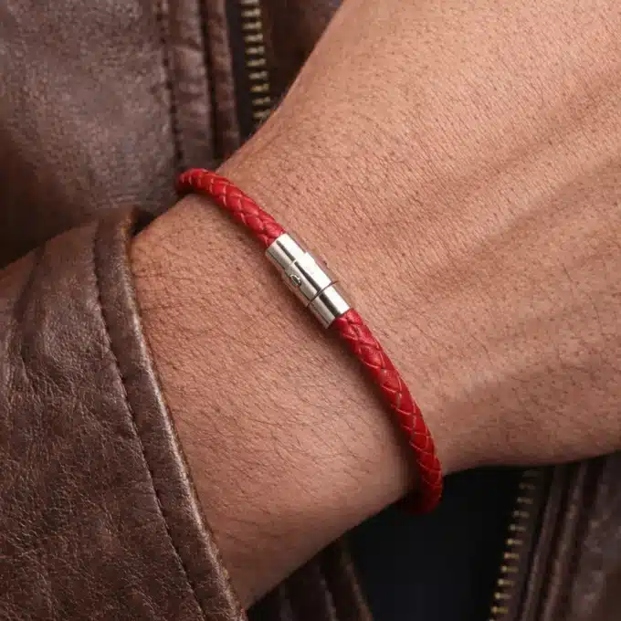 N2755g Bracelet Rouge Homme Cuir Tressé Artisanal - Fermoir Aimanté Acier inoxydable - Bijoux bracelets hommes en ligne Ninanina