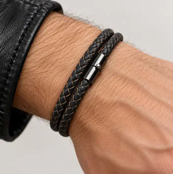 N2756 Bracelet homme cuir tressé gris double tour fermoir aimanté - Bijoux bracelets hommes en ligne Ninanina