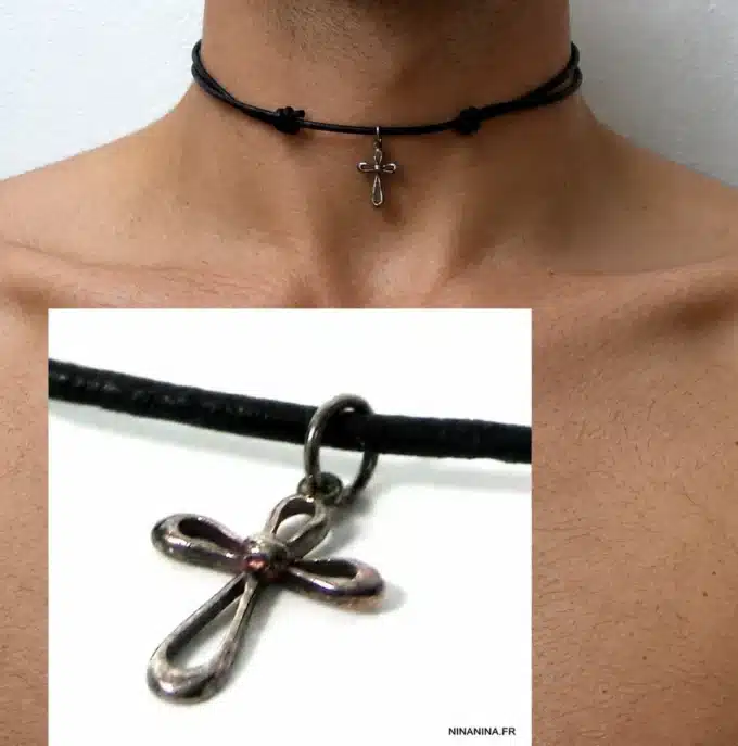 N2764a Collier pendentif Croix Argent 925 massif cordon cuir réglable - Bijoux colliers hommes en ligne Ninanina