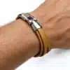 N2768a Bracelet homme cuir naturel fermoir métal argenté - Bijoux bracelets hommes en ligne Ninanina