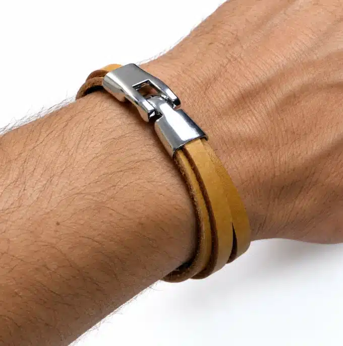N2768a Bracelet homme cuir naturel fermoir métal argenté - Bijoux bracelets hommes en ligne Ninanina