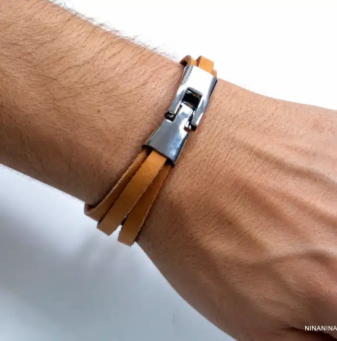 N2768b Bracelet homme cuir naturel fermoir métal argenté - Bijoux bracelets hommes en ligne Ninanina