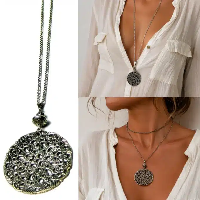 N2769 Collier fantaisie femme long pendentif rond argenté filigrané - Bijoux colliers femmes en ligne Ninanina