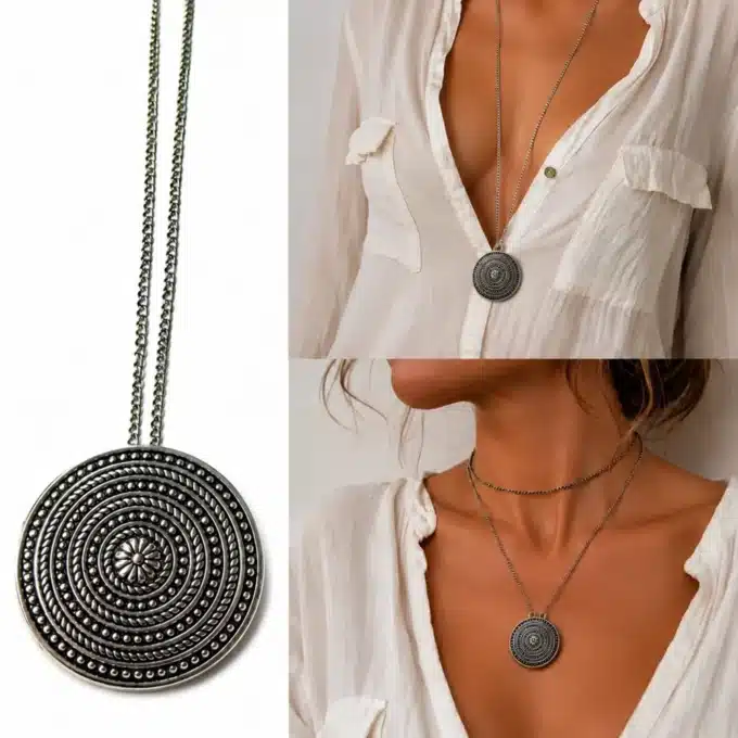 N2770 Sautoir fantaisie pas cher - Collier long pendentif rond argenté - Bijoux colliers femmes en ligne Ninanina
