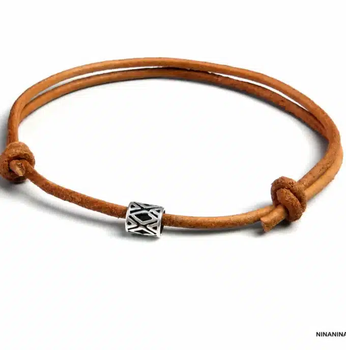 N2776 Bracelet homme perle tube Argent 925 cordon cuir réglable - Bijoux bracelets hommes en ligne Ninanina
