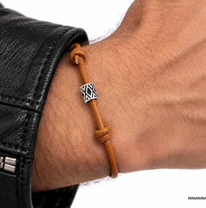 N2776b Bracelet homme perle tube Argent 925 cordon cuir réglable - Bijoux bracelets hommes en ligne Ninanina