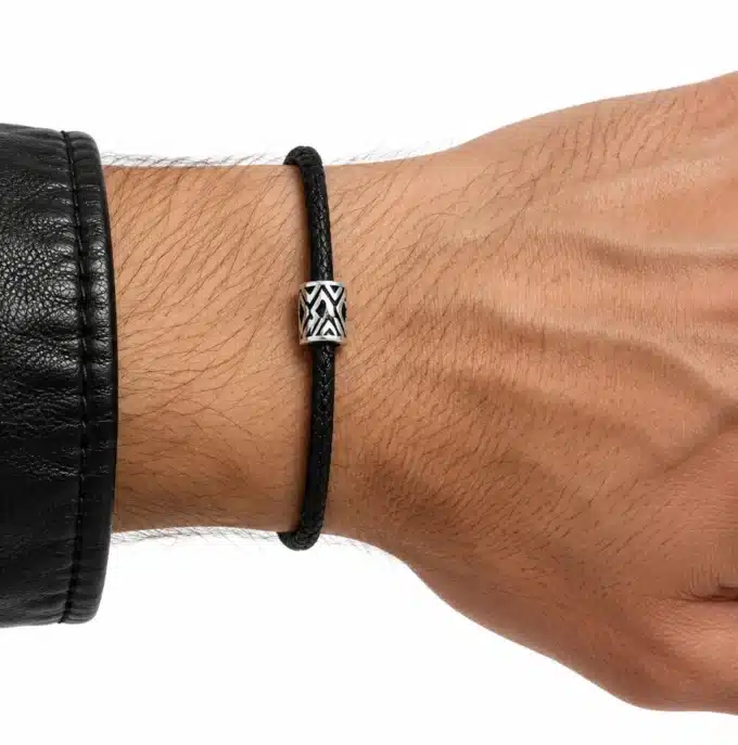 N2776c Bracelet homme perle tube Argent 925 cordon cuir réglable - Bijoux bracelets hommes en ligne Ninanina