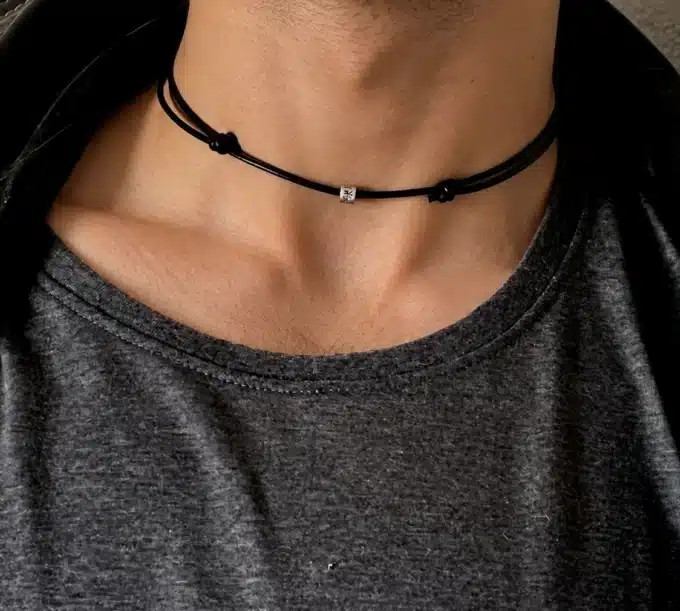 N2777e Collier cordon cuir ras de cou noir ajustable perle tube Argent 925 – Bijoux Colliers cordons en ligne Ninanina