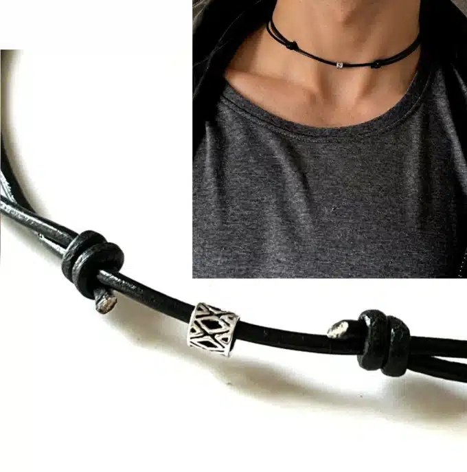 N2777f Collier cordon cuir ras de cou noir ajustable perle tube Argent 925 – Bijoux Colliers cordons en ligne Ninanina