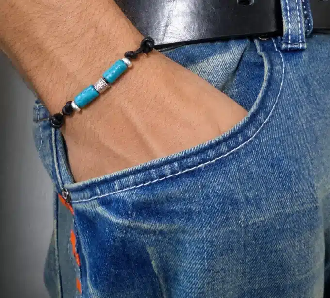 N2778 Bracelet homme perles bois Argent 925 massif cordon cuir - Bijoux bracelets hommes en ligne Ninanina