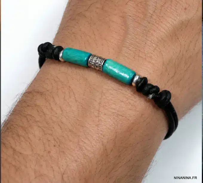 N2778b Bracelet homme perles bois Argent 925 massif cordon cuir - Bijoux bracelets hommes en ligne Ninanina