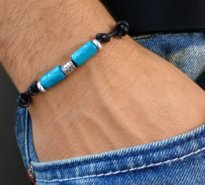 N2778c Bracelet homme perles bois Argent 925 massif cordon cuir - Bijoux bracelets hommes en ligne Ninanina