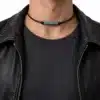 N2779 Collier homme perles tube bois bleu turquoise cordon cuir - Bijoux colliers hommes en ligne Ninanina