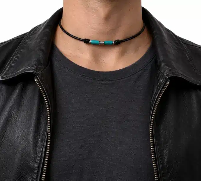 N2779 Collier homme perles tube bois bleu turquoise cordon cuir - Bijoux colliers hommes en ligne Ninanina