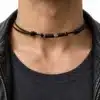 N2779a Collier homme perles tube bois marron cordon cuir - Bijoux colliers hommes en ligne Ninanina